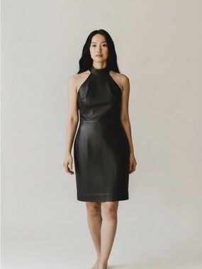 LE Sleeveless Black Leather Halter Dress